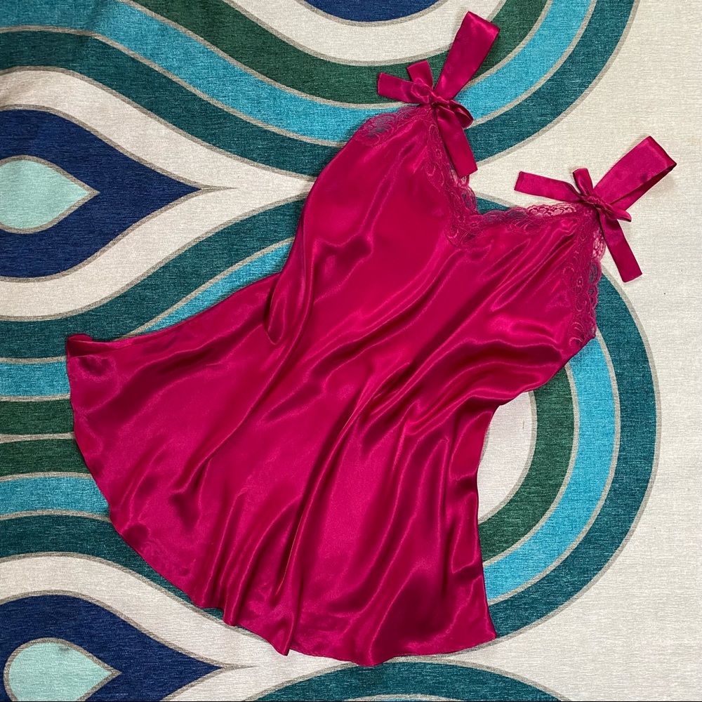 Solange fuchsia silky lace trimmed slip dress
